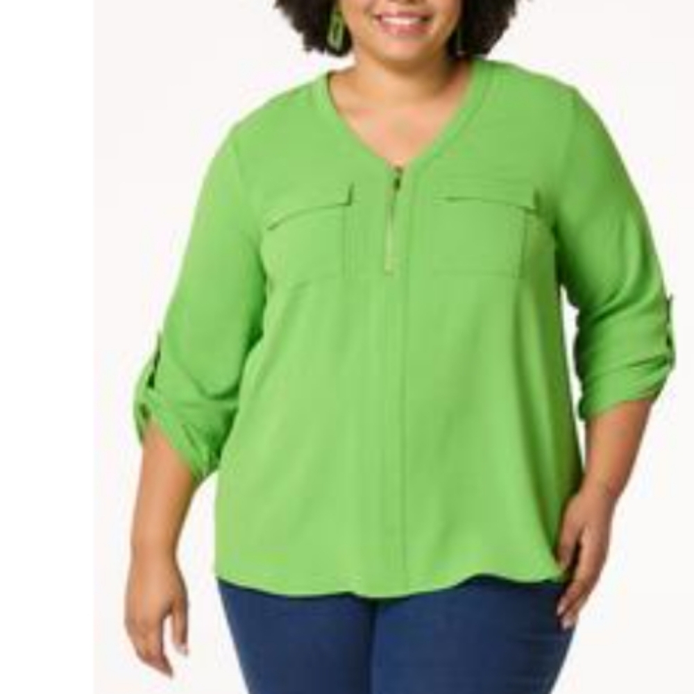 Cato Green Blouse with V-Neck and 3/4 Sleeves Petite Plus